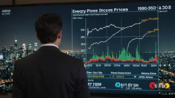 En person som analyserer energipriser foran en bysilhuett.