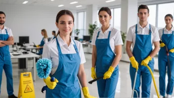 En gruppe rengjøringsfolk i uniform, med rengjøringsutstyr og en bakgrunn av et rent kontor eller offentlig rom.