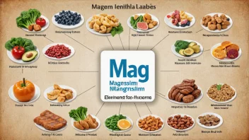 En illustrasjon av periodesystemet med magnesium fremhevet, sammen med bilder av mat rik på magnesium og diagrammer av menneskekroppen.