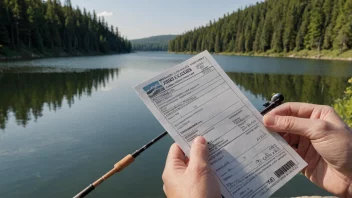 En person holder en fiskestang og en kvittering for fiskekort, med en vakker innsjø eller elv i bakgrunnen.