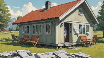 Et bilde av et tradisjonelt norsk sommerhus med en politiker som står utenfor, omgitt av aviser og talebobler, som illustrerer begrepet sommerhuspolitikk.