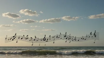 En bølgeform med musikalske noter og symboler, som representerer en musikkbølge, som vasker over et landskap.