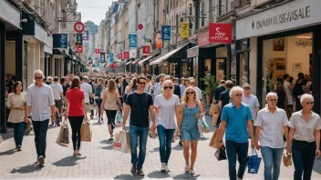 En travel handlegate på en søndag med mennesker som bærer handleposer og butikker med skilt som leser 'Søndagsforsalg'.