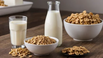 Et mjølkeprodukt på et bord, med et glass melk og en skål frokostblanding i bakgrunnen.