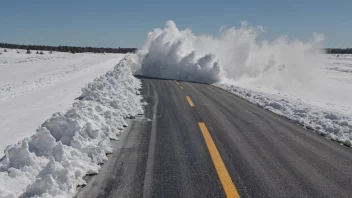 Et snøkast på en vei, med snø som blåser kraftig over veien.