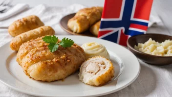 En tradisjonell norsk rett på et bord med hvit duk og et norsk flagg i bakgrunnen.