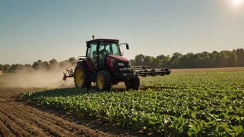 En bonde høster avlingen i en åker på en solrik dag. Bonden bruker en traktor til å samle inn avlingen, og åkeren er fylt med gyllent hvete.