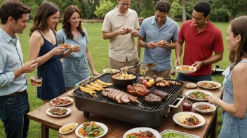 En sosial sammenkomst med en barbeque-grill som midtpunkt.