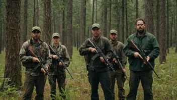 En gruppe bjørnejegere foran en skog.