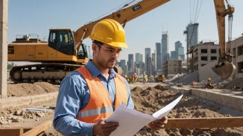 En sivilingeniør i en hard hatt og vest, holder et bygningstegning og ser ut på en by.