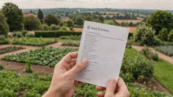 En person som holder en liste over frø, med en hage eller et felt i bakgrunnen