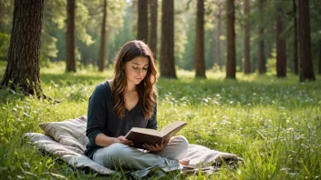 En person som sitter på en stein i en skog, leser en bok med et rolig og fredelig uttrykk.