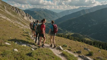 En gruppe mennesker som vandrer sammen i fjellet, med et vakkert landskap i bakgrunnen.