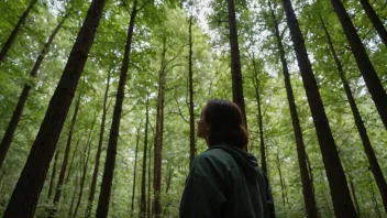 En person i en skog, omgitt av trær, med et uttrykk av undring og takknemlighet for naturen.