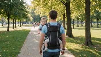 En person som bærer en bæresele med et lite barn på ryggen, går i en park.