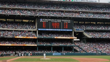 Et baseballstadion med en scoreboard som viser stillingen i den aktuelle serien.