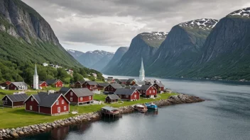 Et tradisjonelt norsk bygdeliv med trehus og en kirke, omgitt av fjell og fjorder.