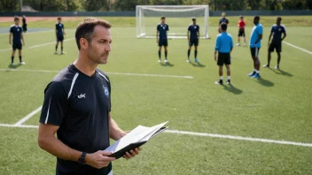 En fotballtrener analyserer lagets strategi under en treningssesjon.