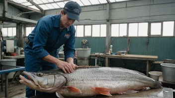 En person som skaler en fisk i en fiskeindustri.