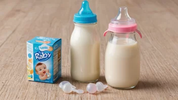 En kartong barnemelk med en babyflaske og en sutteklud ved siden av, på en hvit bakgrunn