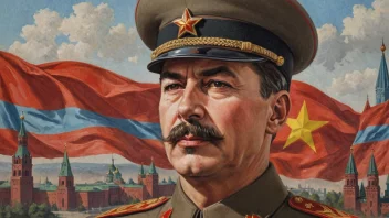 Josef Stalin i sin sovjetiske uniform, med en bakgrunn av Sovjetunionens flagg og et hint av Kreml i bakgrunnen.