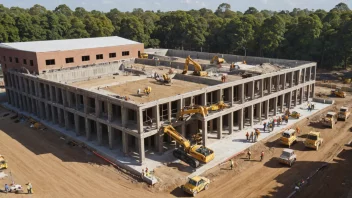 Et bilde av en skolebygning under oppbygging, med en kran og arbeidere i hardhatter.