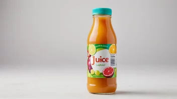 En juiceflaske med et fargerikt etikett og en lokk, på en hvit bakgrunn.