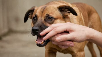 En person med et hundebid på hånden, med en hund i bakgrunnen