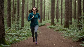 En person løper i skogen, omgitt av trær og grønne omgivelser.