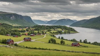 Et idyllisk norsk landskap med en liten landsby eller gård i bakgrunnen.