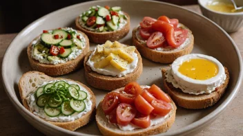 En liten, keramisk bolle med lokk, som inneholder en variasjon av åpne smørbrød