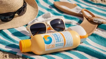 En flaske solkrem med etikett som viser SPF 30, på en strandhåndkle med et par solbriller og en solhatt