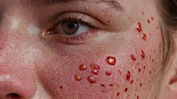 Et nærbilde av en persons ansikt med acne, hvor rødhet og betennelse er synlig.