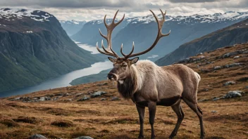 En reinsdyrhjort med imponerende horn i et norsk fjellandskap.