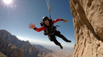 En person i luften, fallskjermhopper med en parachute, med et fjellområde i bakgrunnen.