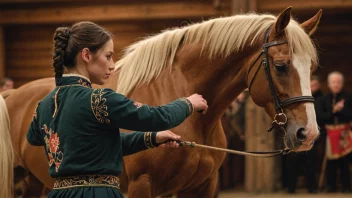 En person som utfører hestekunst, med en hest i bakgrunnen, i en tradisjonell norsk setting.