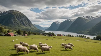 En norsk gård med sau som beiter i en frodig grønn eng.