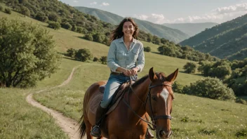 En person som rider en hest i et vakkert landskap med et stort smil på ansiktet.