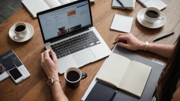 En ung reklameskaper som sitter ved et skrivebord og jobber på en laptop med en notatbok og kaffekopp i nærheten.