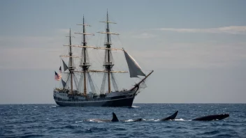 Et hvalfartøy på havet, med hvaler i nærheten.