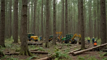 En skog med en blanding av unge og gamle trær, med mennesker som arbeider i bakgrunnen.