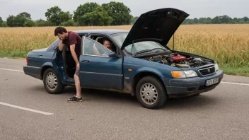 En bil med en ødelagt motor, omgitt av verktøy og deler