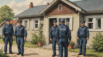 Et bilde av en politiraid på et hus med en rød banner som leser 'narkoraid'.