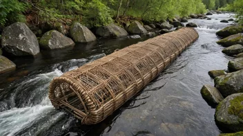 En tradisjonell norsk fiskefelle, lakselokk, i en fredelig elveomgivelse.