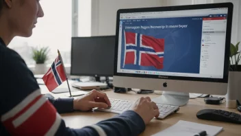 En person som redigerer en tekst på en dataskjerm med et norsk flagg i bakgrunnen.