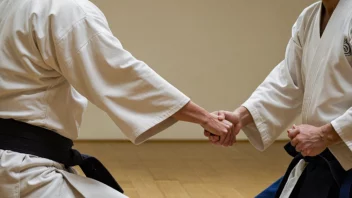 To personer som trener aikido i en dojo, med fokus på bevegelsen og teknikken.