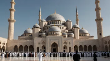 En moské med en stor kuppel og minareter, med mennesker som ber inni.