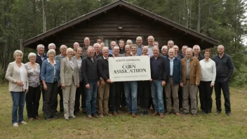 En gruppe mennesker samlet foran en hytte, med et skilt som leser 'Hytteforeningen'