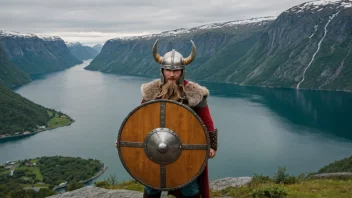 En person kledd i vikingkostyme, med hjelm og skjold, stående foran en norsk fjord.