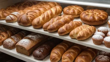 En fargerik samling av bakevarer, inkludert brød, kaker og kaker.